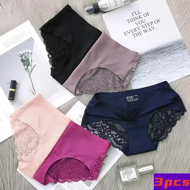 3pcs Lace Women's Panties French Seamless Underwear Female Ice Silk Briefs Solid Color Breathable Underpants Lingerie