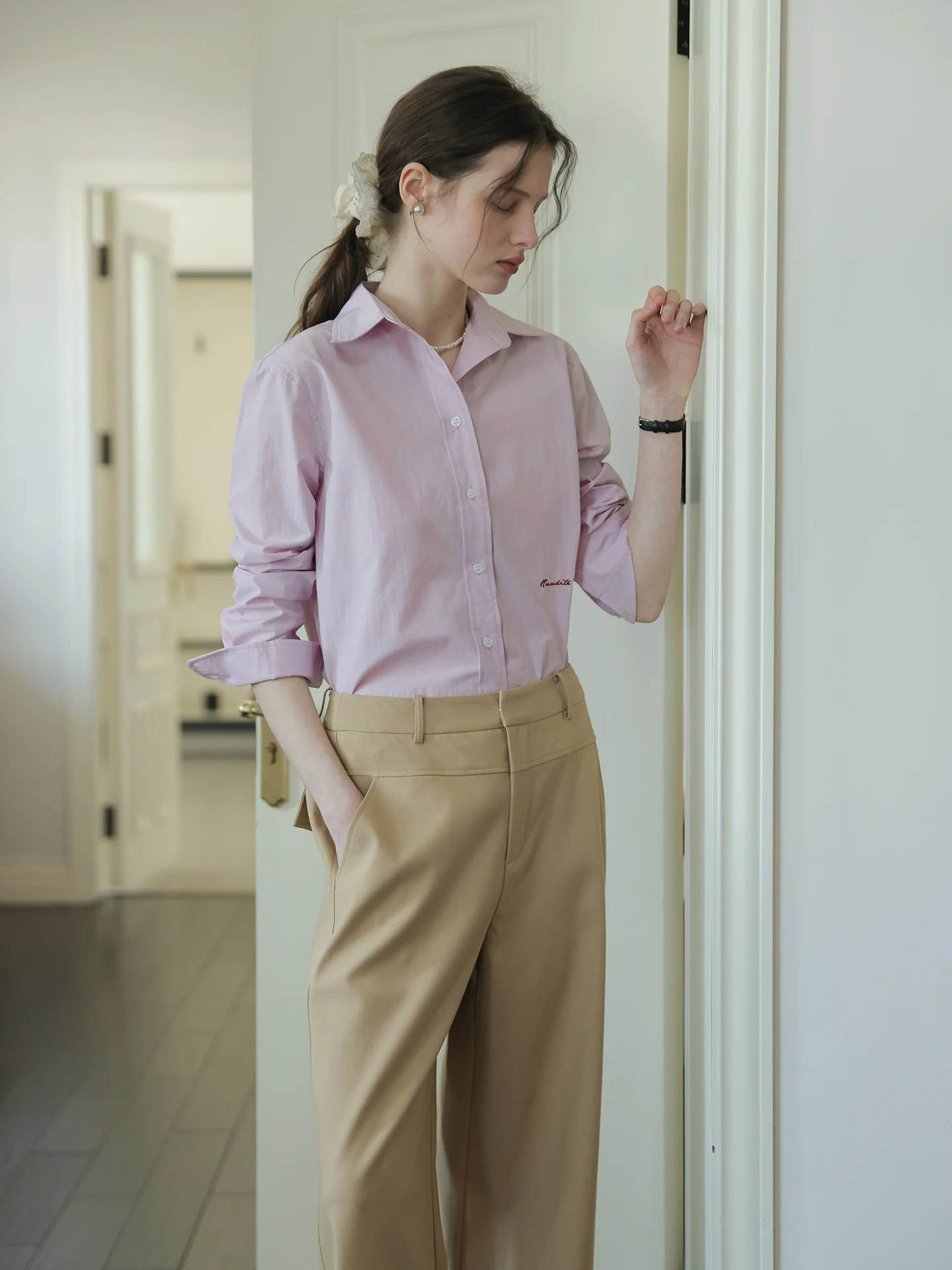 

Anti-Wrinkle Long Sve Letter Embroidery irt Women's Loose Fit Spring New Sle French Sle Cotton Polyester Blend ...