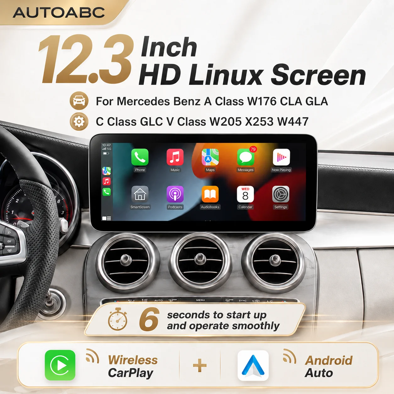 AUTOABC 12.3 Écran tactile multimédia, autoradio, CarPlay sans fil, Android Auto, mise à niveau de la navigation pour Mercedes Benz GLA CLA GLC GLK ML Classe C W205 W176 C117 X156 X253 X204 W166, prend en charge la caméra OEM