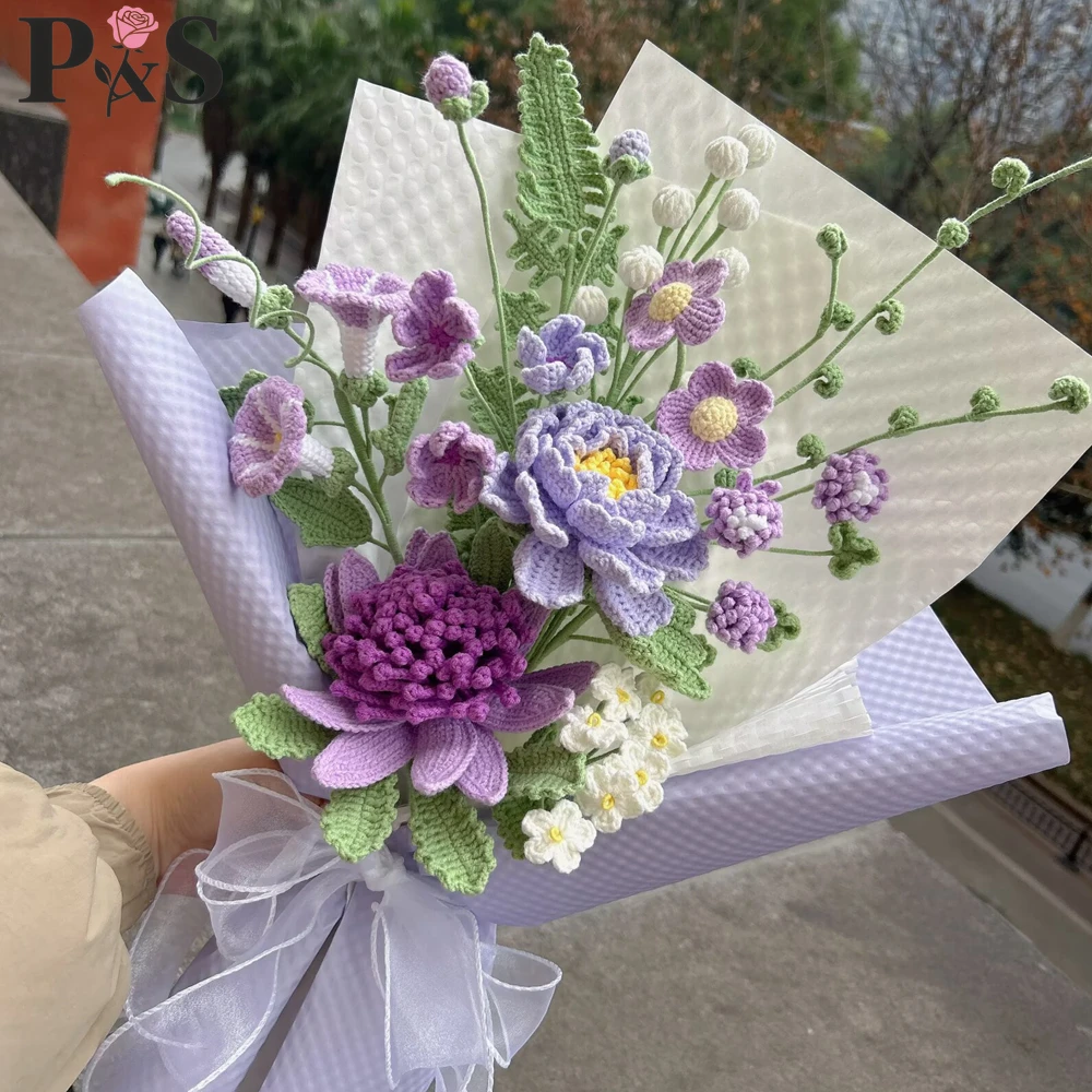 

Crochet Flower Bouquet Handmade Purple Peony Sea God Flower Morning Glory Artifical Flower Home Decoration Gifts for Birthday