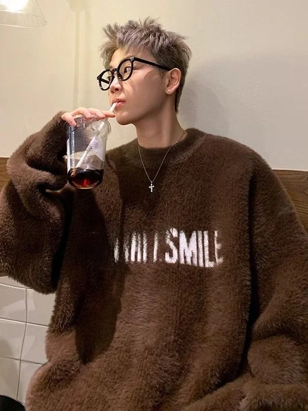 

Men's Fall Winter round Ne Knitted Sweater Soft Plu Comfortable Retro Sle Mink Velvet Hooded Jaet Casual Wear