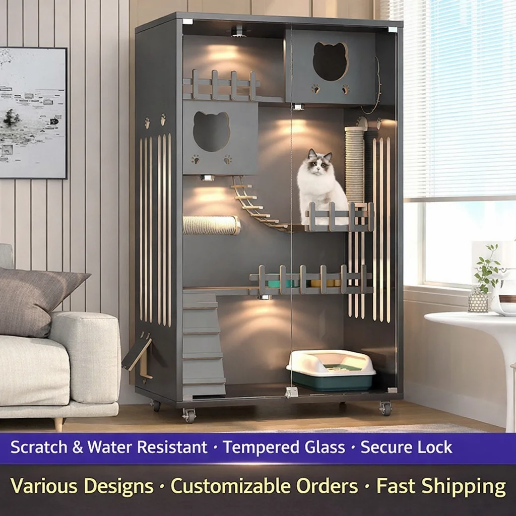 

Solid Wood Multi Tier Large Cat Tree House with Scratching Posts Climbing Platforms and Cozy Sleeping Hut for Indoor Cats