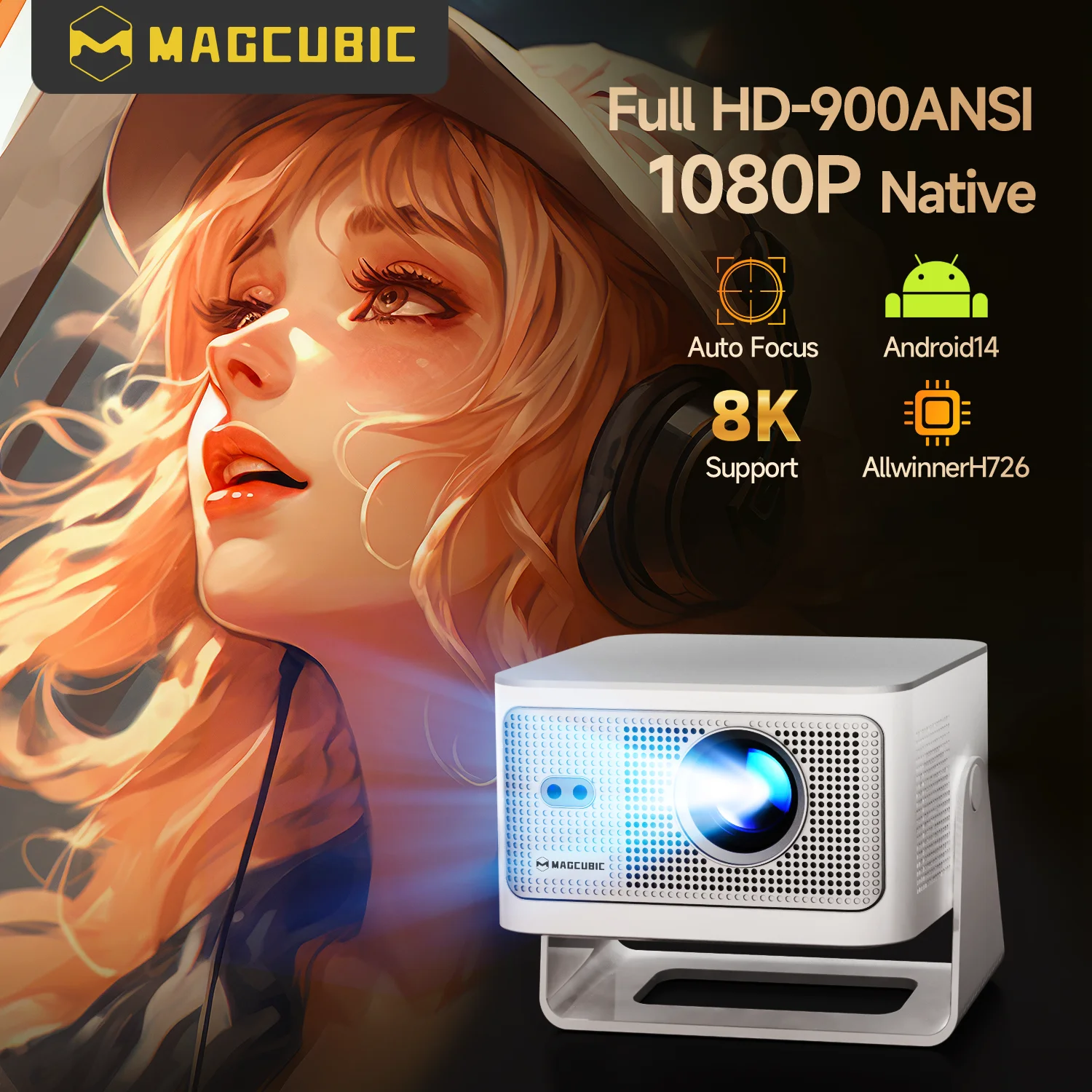 جهاز عرض Magcubic Auto Focus Android 14 4K 900ANSI 8K أصلي 1080P HY350Max مع Wifi6 BT5.4 Allwinner H726 محمول خارجي