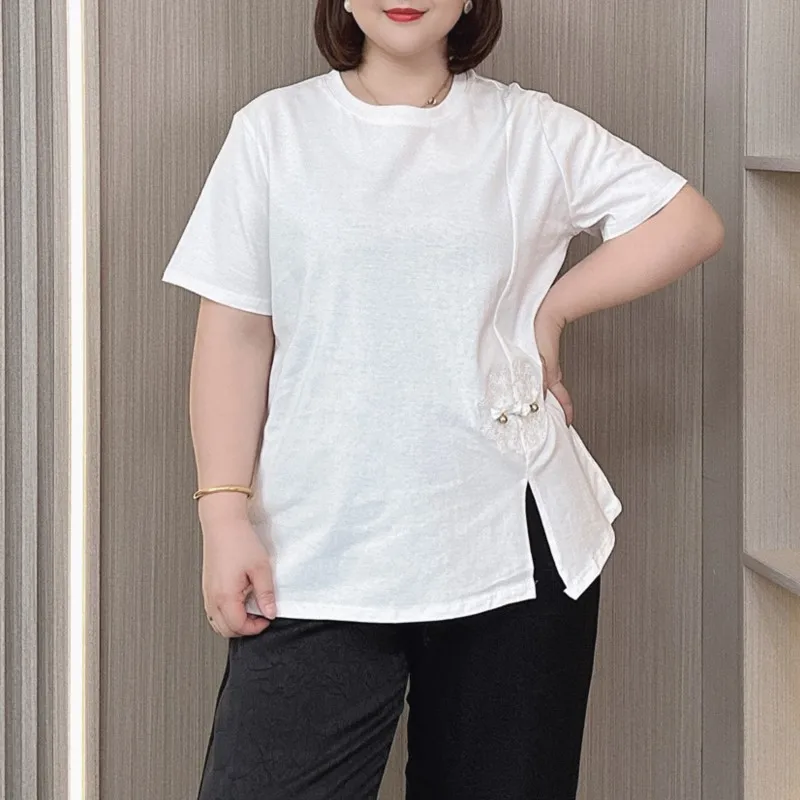 

Plus Size Women Slit Short Sleeve T-shirt Summer New Design Chinese Style Embroidery Top