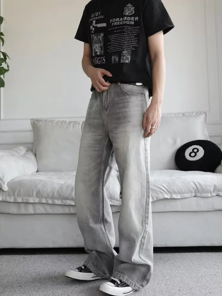 Retro Washed Smoke Grey Men's Straight Leg Loose Casual Jeans Tie Dye Denim Pants American Style Cleanfit Casual Long Trousers