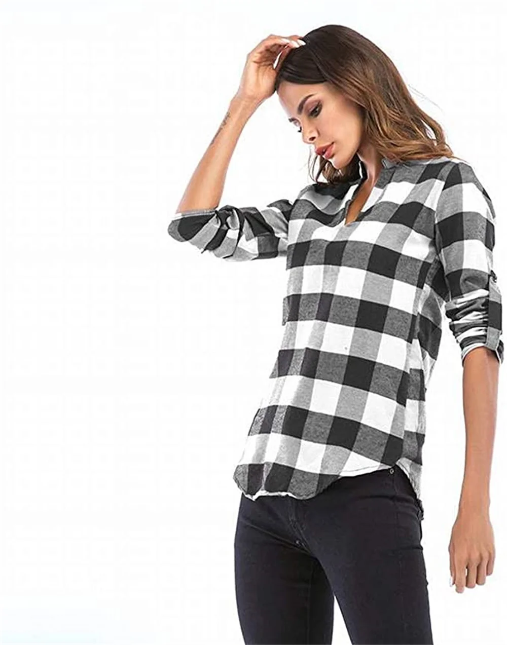 MisShow Slim Women\'s Pullover Plaid Shirts Plus Size 5XL Casual V Neck Blouse Cuffed Long Sleeve Camisas Tops Tunic Shirt