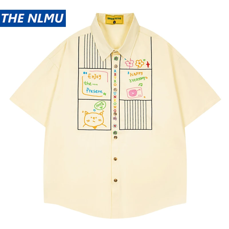 

Men Funny Cartoon Embroidery Short Sleeve Shirt Loose Hip Hop Streetwear Casual Summer Button Top