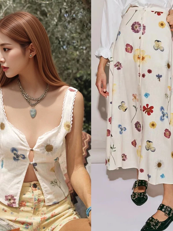 

Summer New Arrival Spicy Girl Vintage Floral Lace Trimmed Slim Fit U-Neck Vest Skirt Set Women's Fashion High Waist Plant Floral
