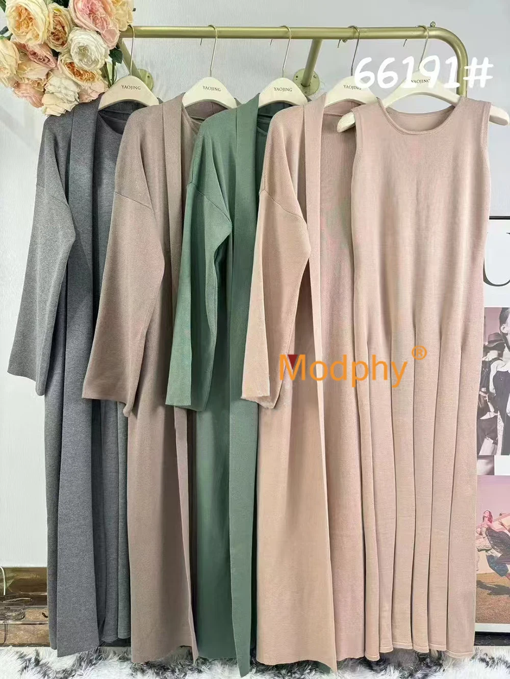 Elegant Solid Knitted Cardigan Long Dress Set Women Oversized Long Sweater Coat & Sleeveless Pleated Dress Two Piece Set Suit