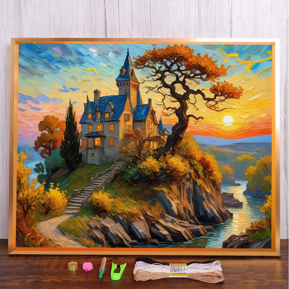 

Villa At Dusk Printed Canvas Cross-Stitch DIY Embroidery Complete Kit Needlework Craft Painting Sewing Needle For Adults Gift