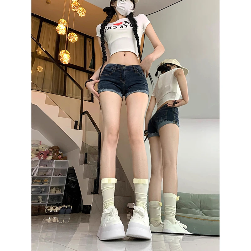 

ZHIZOU Women Blue Ripped Denim Shorts Vintage 2000s Y2k Gyaru Low Rise A-Line Micro Jeans Shorts Hot Cowboy Pants Shorts Summer