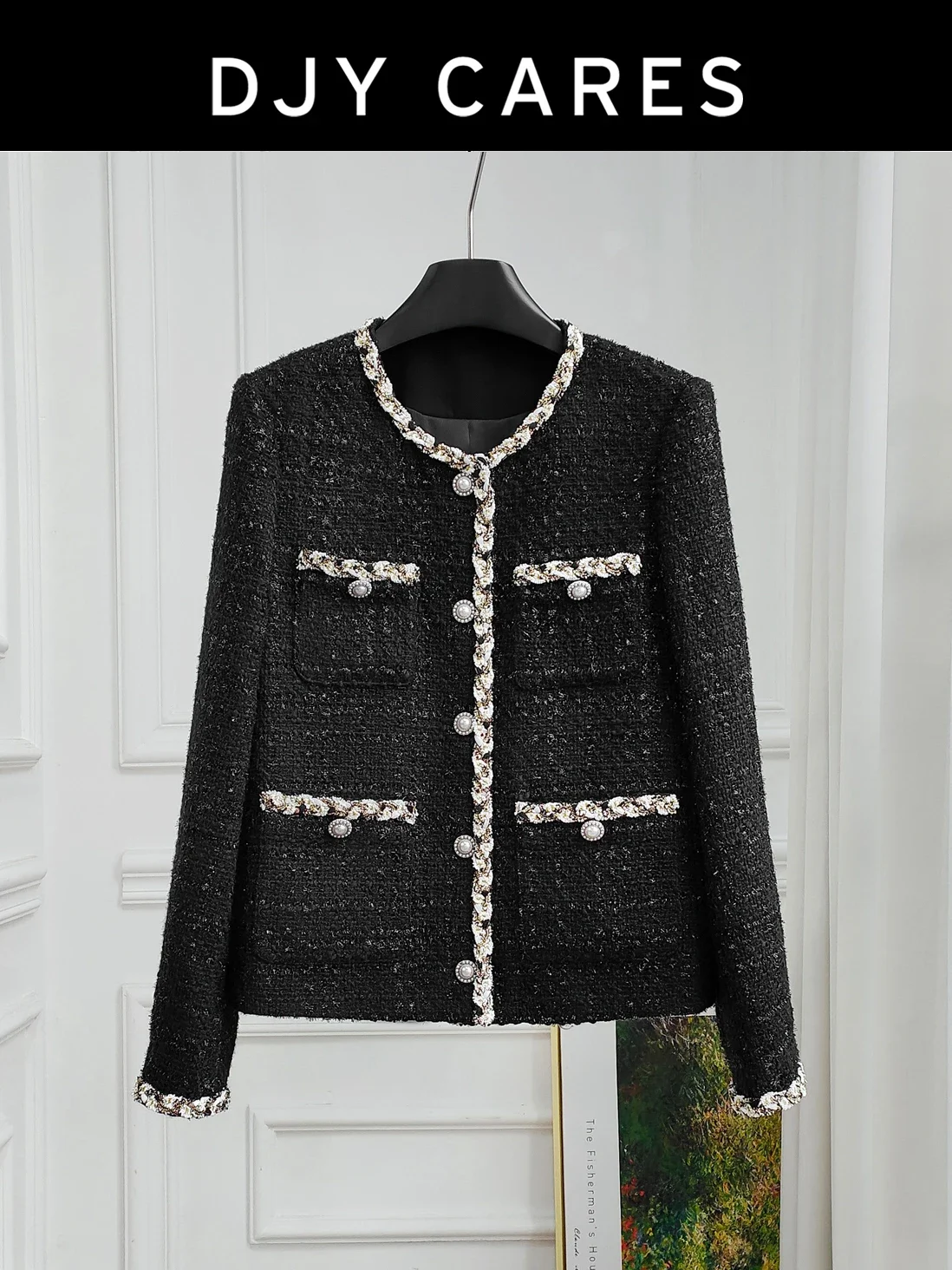 

New Coarse tweed high-end black heavy trim jacket, socialite top big size