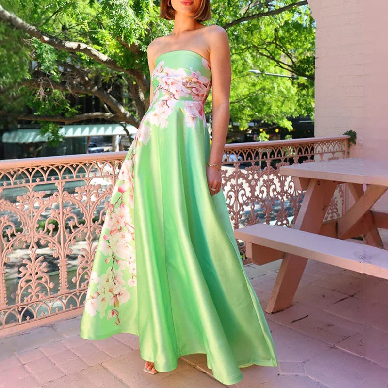 Vrouwen Mode Bloemenprint Strand Lange Jurk Casual Mouwloze Hoge Taille Feestjurk Elegante Strapless Geplooide Slanke Bohe Jurk