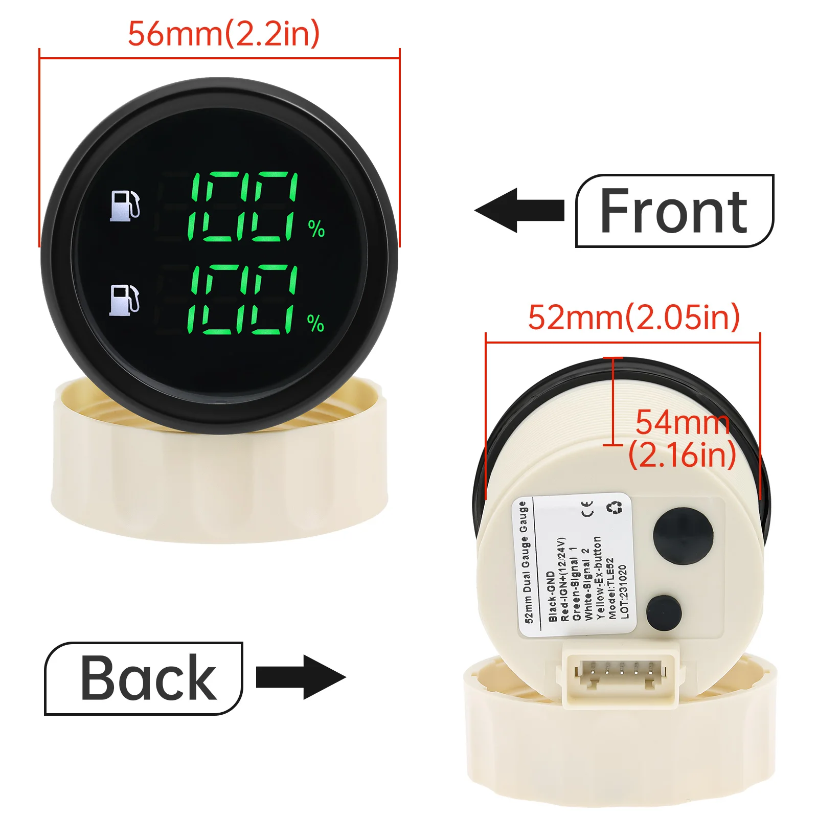 52mm 2 in 1 Dual Fuel Level Gauge With Flashing Alarm 0-190ohm 240-33ohm Boat Car Oil Tank Level Gauge Meter Green LED Light