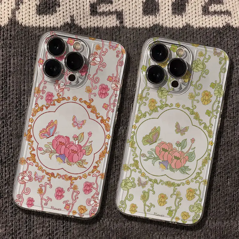 Red And Green Vine Ins Wind Soft Phone Case For iPhone 16 15 14 13 12 11 ProMax XS XR Max 7 8 Plus Y2K Clear Cover