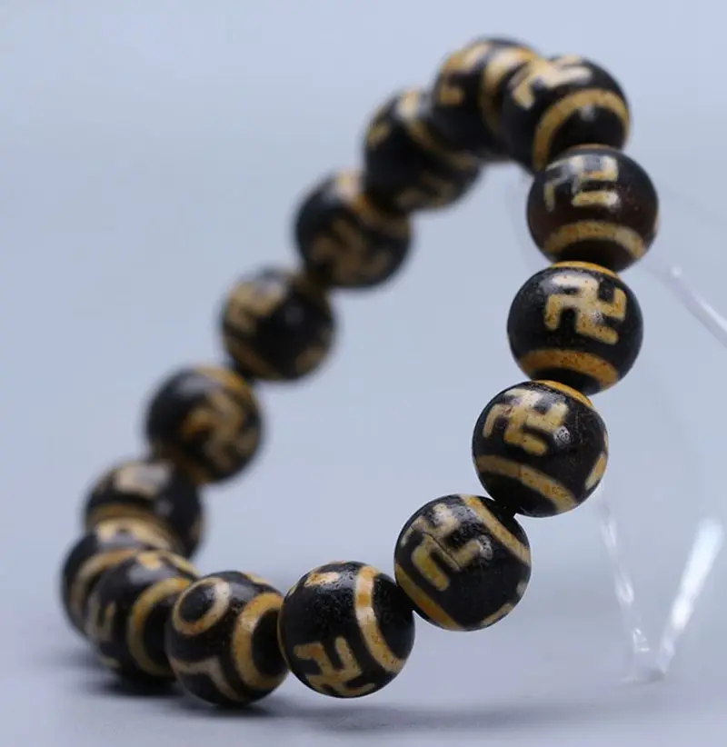 14mm Nature Tibetan Dzi Bead Bangle Bracelet Magical Vein Beads Amulet Lucky Wealth Masont Agate Case