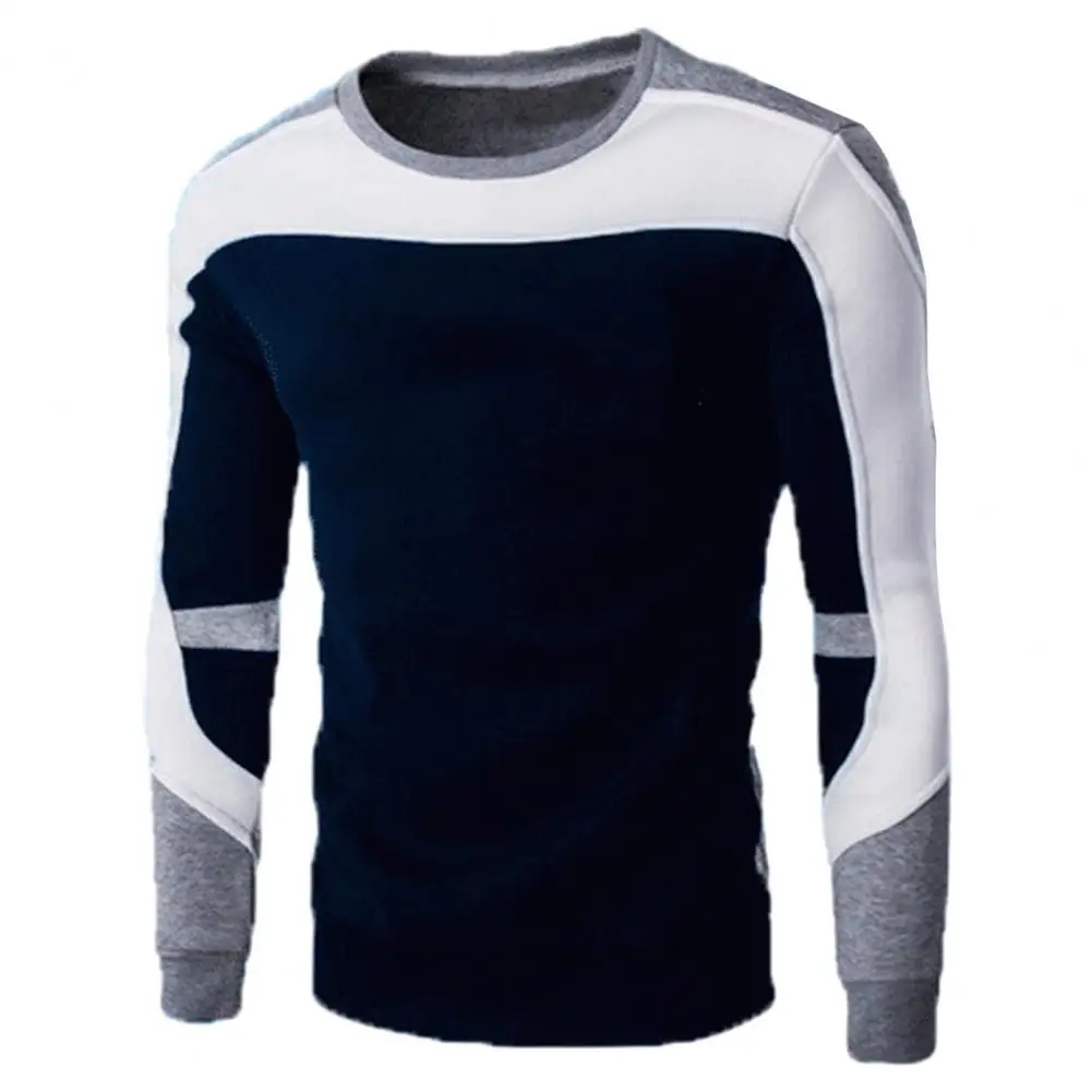 

Fall Spring Men Sweatshirt Round Neck Long Sleeve Patchwork Elastic Slim Pullover