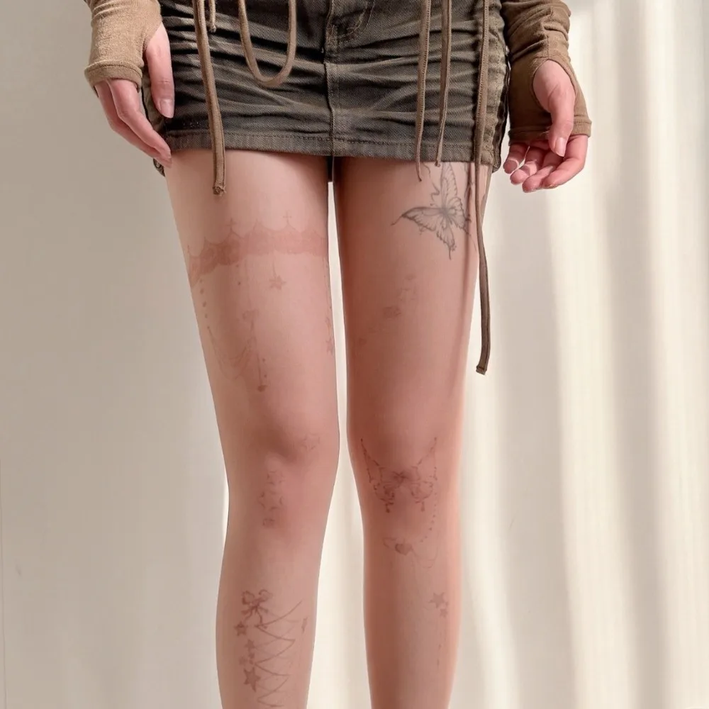 Y2K Invisible Tattoo Stockings Colorful Hand-drawn Star Jellyfish Shell Pantyhose Childishness Butterfly Silk Stockings Cosplay