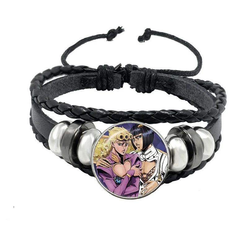 Fashion JoJos Bizarre Adventure Bracelet Kujou Jotarou Hot Anime Figures Glass Button Badge Multilayer Leather Bracelets Gift