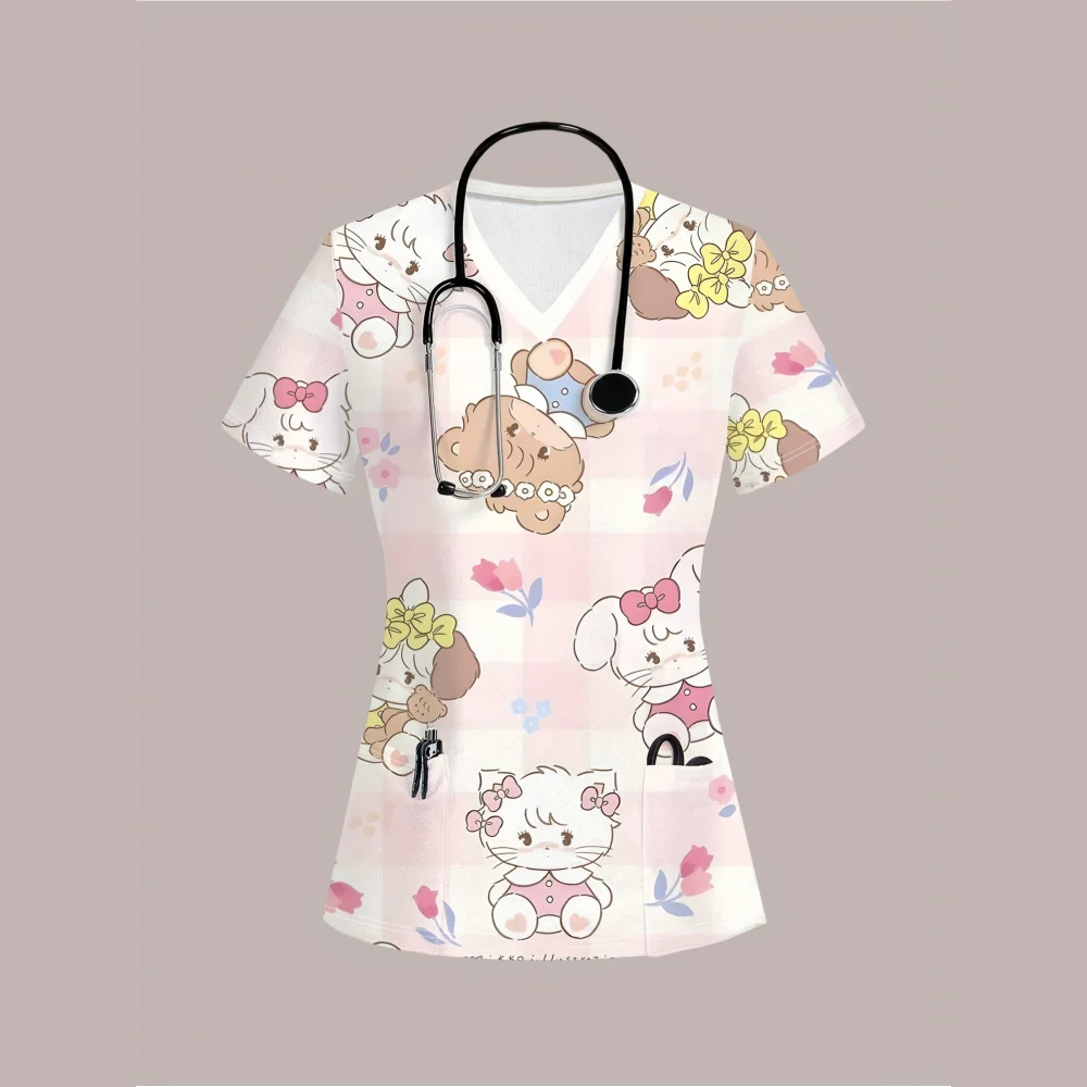 ممرضة موحدة امرأة الحيوان نمط الطباعة مريحة الطبيب البيطري فرك موحدة موضة قصيرة الأكمام مع جيب موحدة ممرضة امرأة #2
