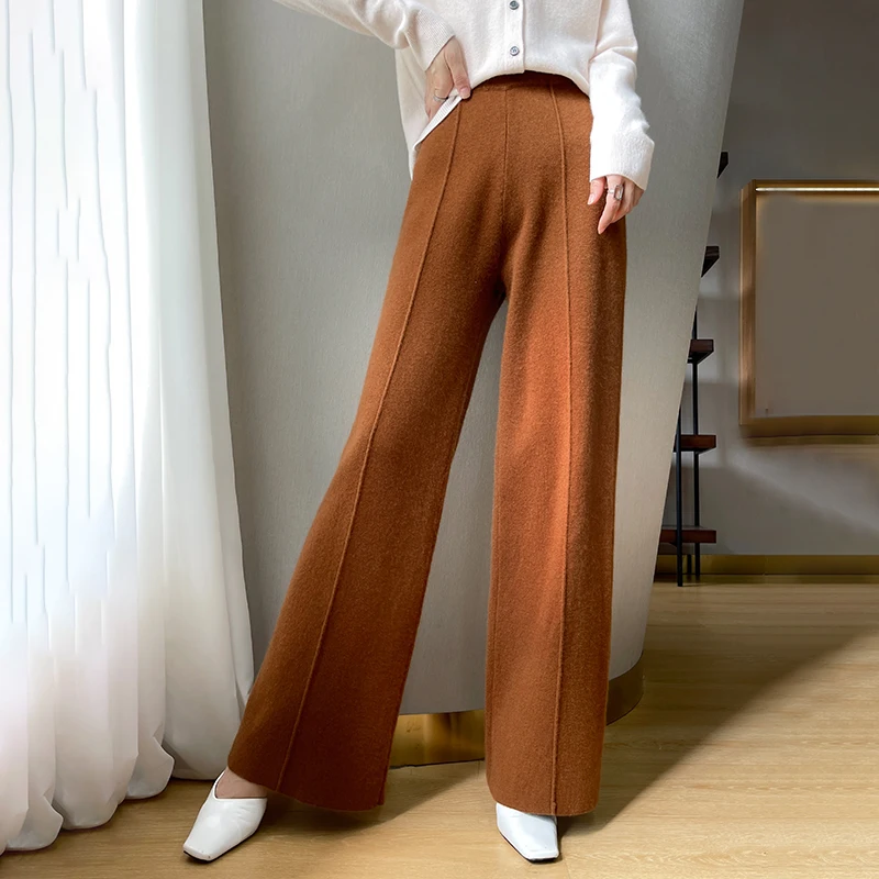 

New Autumn and Winter Women 100% Cashmere Pants Soft Comfortable High-Waist Knit Trousers Female Loose Thicken Wide Leg Pants