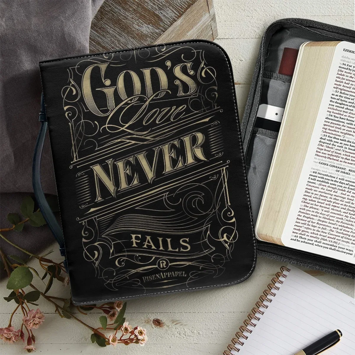 

Leather Handbags Zipper Handle Bible Bag Woman God’s Never Fails Bible Cover Case Study Book Holy Storage Bolsas Para Mujeres