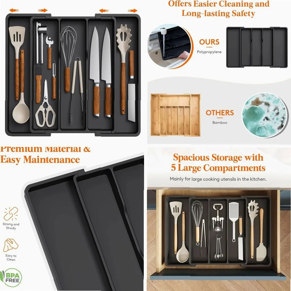 

Kitchen Silverware Drawer Organizer Expandable Utensil Tray Adjustable for Spoons Forks Knives Flatware and Cutlery Organizer