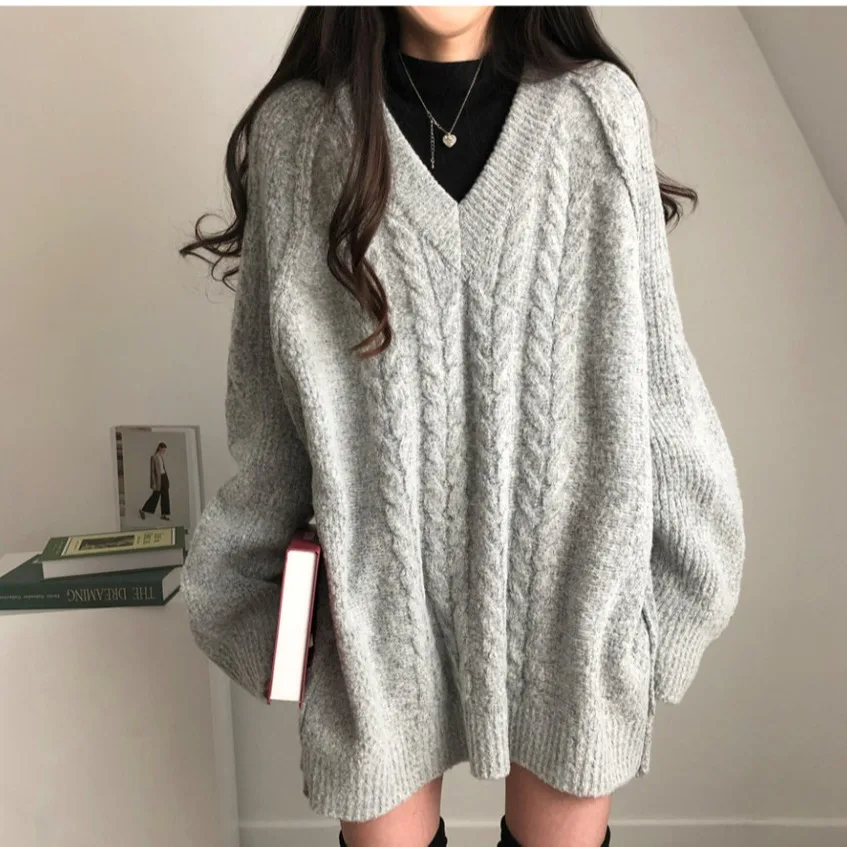 

Свободный женский вязаный свитер, пуловер с v-образным вырезом, винтажный топ средней длины Lazy Sle Twist, корейский повседневный топ для поездок на работу