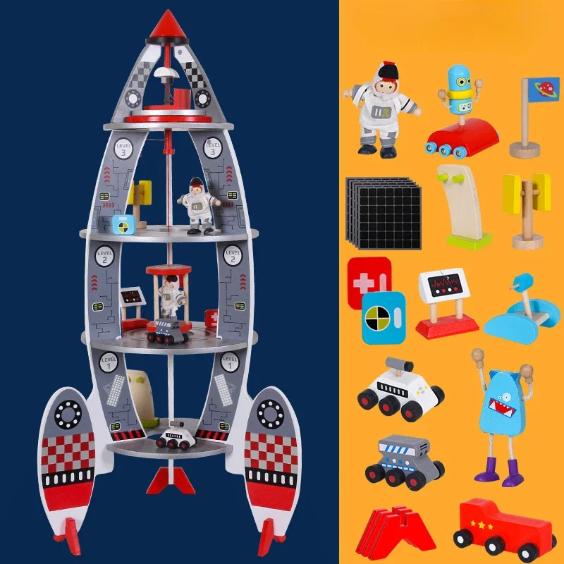 Children Toy Ornaments Wooden Large Rocket Model Diy Doll House Kit Dollhouse Accessories Montessori Education Interactive Toys