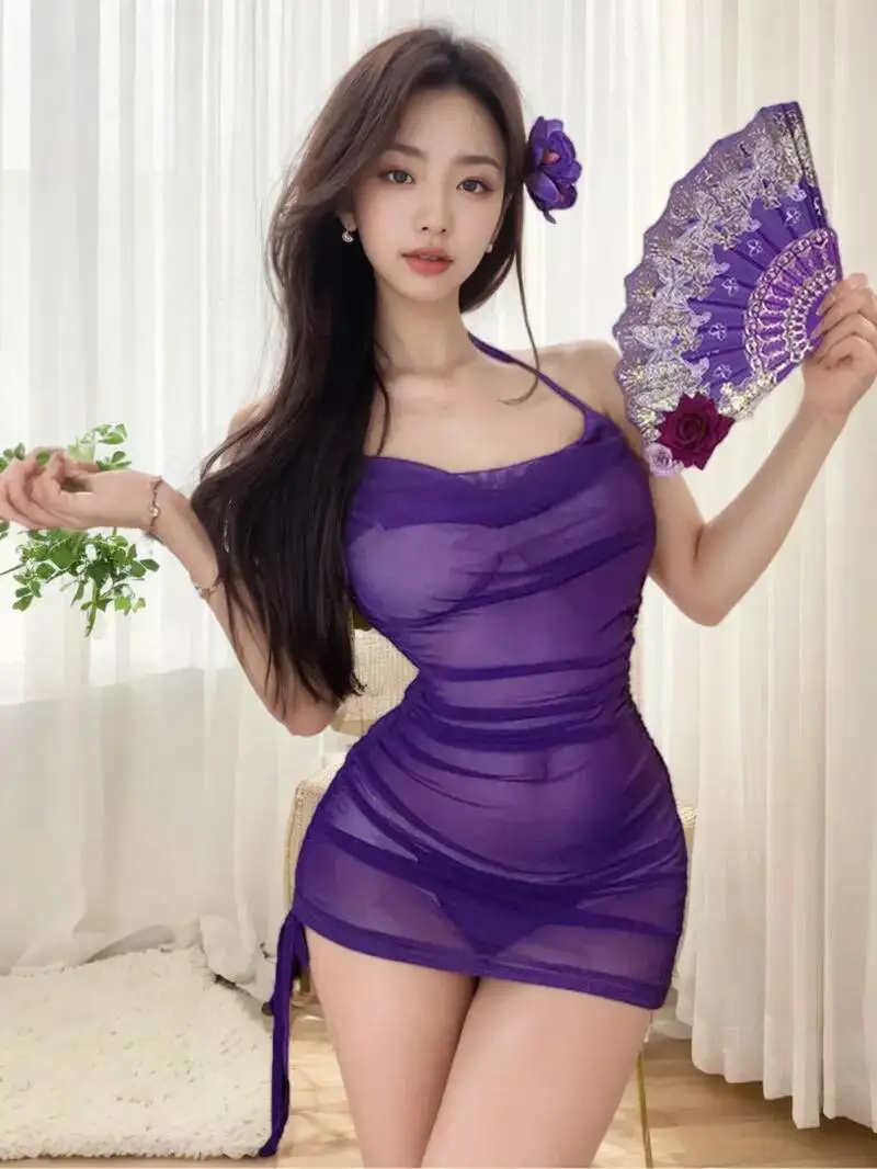 섹시한 핫걸 순수한 욕망 메쉬 서스펜더 드레스 여성용 주름진 힙 메쉬 시스루 나이트가운 드레스 우아한 한국 스타일 PU27