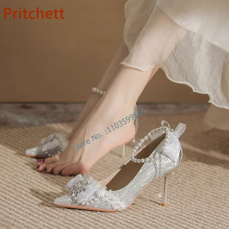 Butterfly Knot Lace Pumps Pointy Toe Thin Heels Ankle Pearls Chain Wedding Shoes Button Solid Silvery Stiletto Shoes Gorgeous