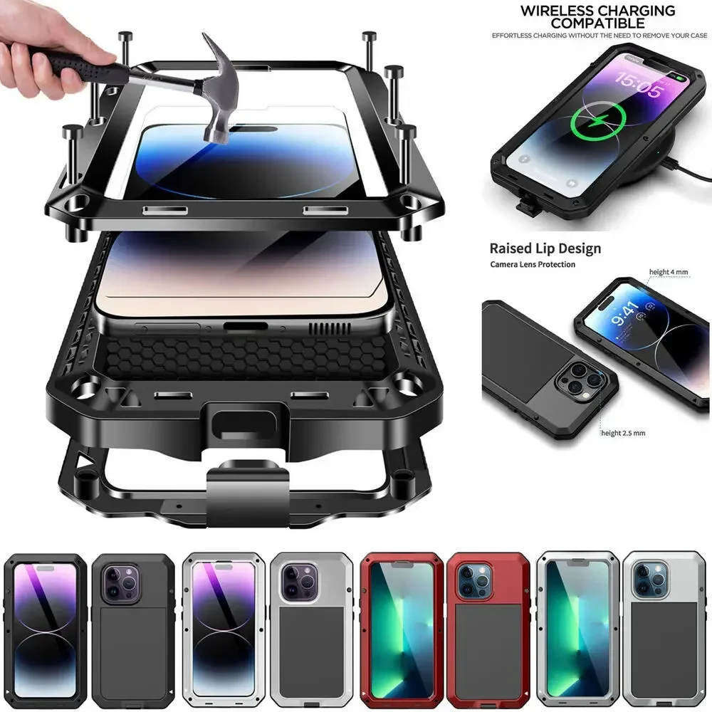 Heavy Duty Military Tough Metal Case For iPhone 15 14 13 12 11 Pro Max XS XR 8 7 Plus Shockproof Protective Cover Gorilla Glass