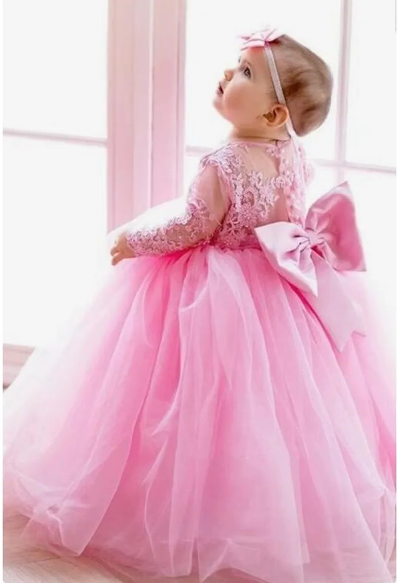 Robe de premier anniversaire rose pour bébé fille, avec grand nœud, en dentelle et tulle, manches longues, robe de baptême Lolita, nouvelle collection