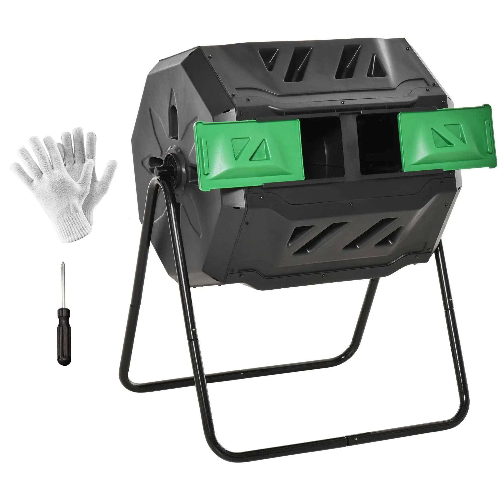 360 ° Contenedor de compostaje giratorio de 160L, 2 cámaras, PP, acero, ventilación, puertas correderas, para residuos de jardín
