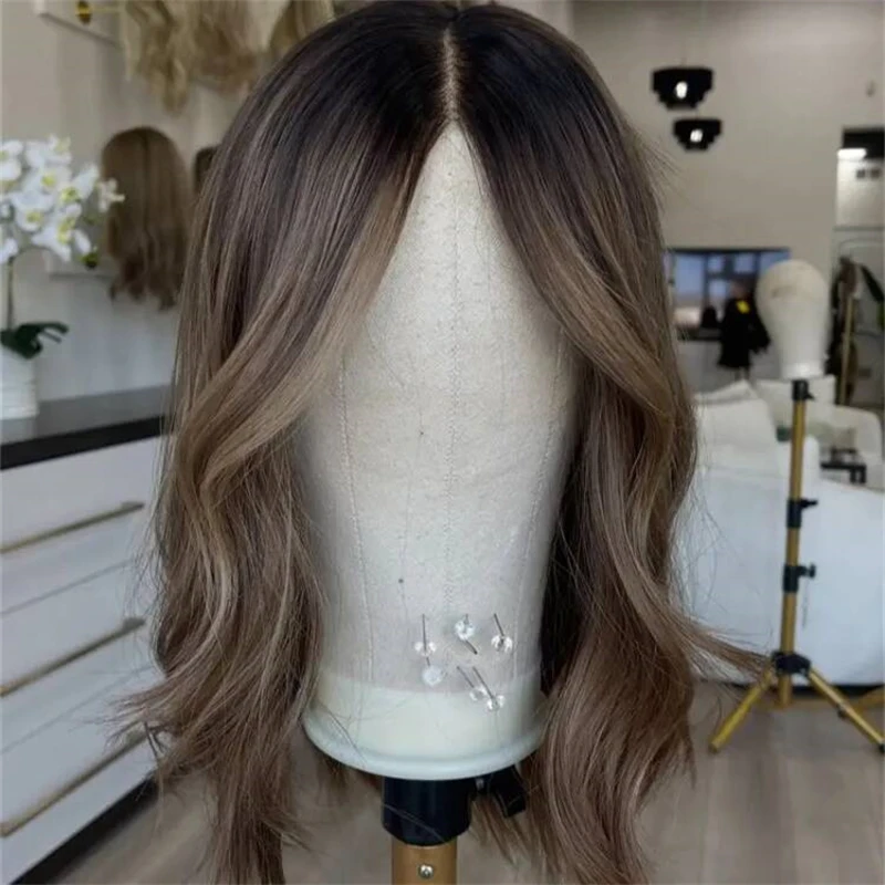 Top High Quality Wig 13x4 Free Part Ombre Brown Blonde Synthetic HD Lace Front Wig with Roots Luxury Women's Wig Short Wave Bob
