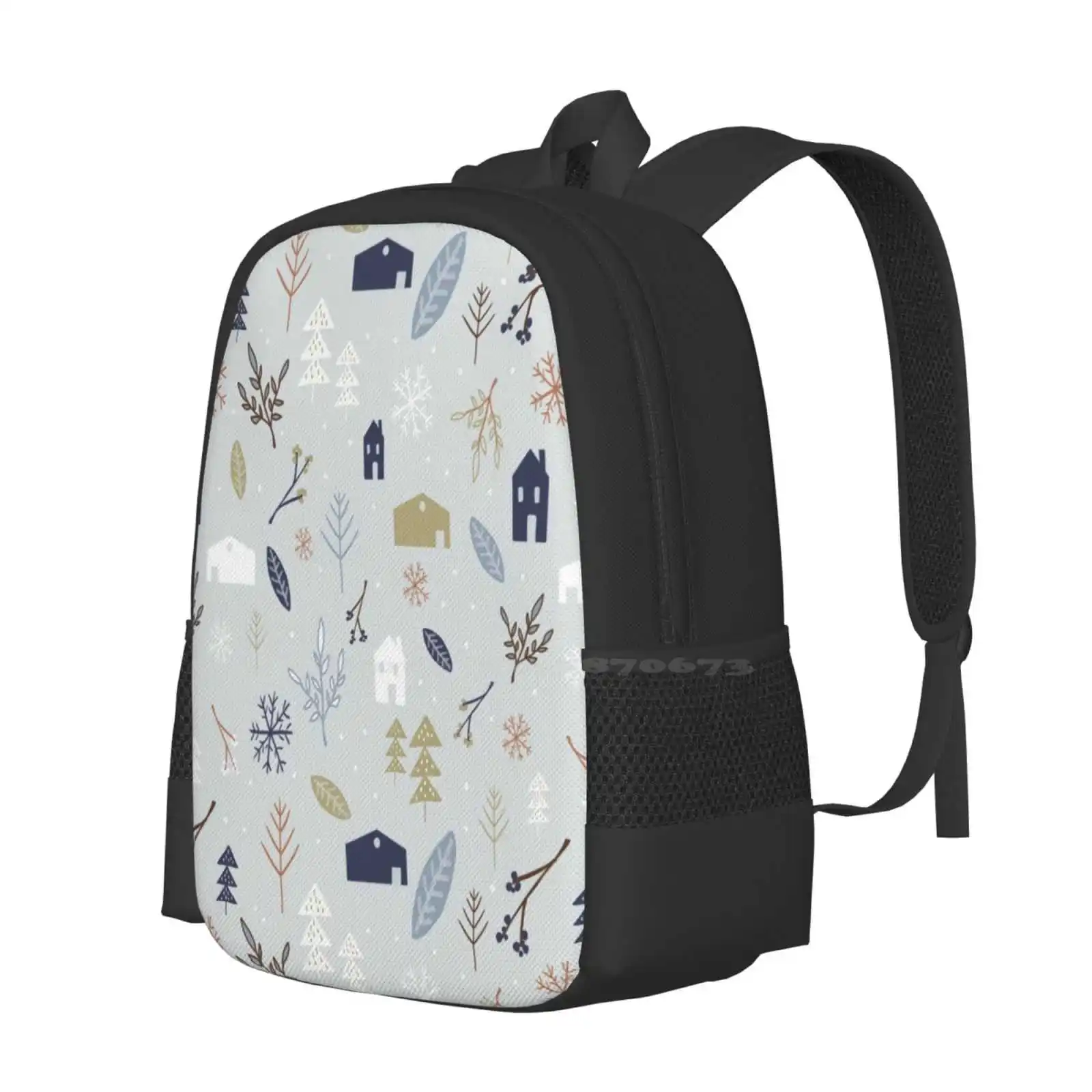 Winter Village Hot Sale Schoolbag Backpack Fashion Bags Holidays Cold Trees Nature Leaves Branches Blue Green White Snow Winter