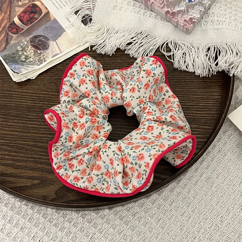 Fashion Summer Floral Scrunchies Female Oversized Hair Ties Ropes Girls Sweet Headwear Elastic Hair Bands Pink Ponytail Holder