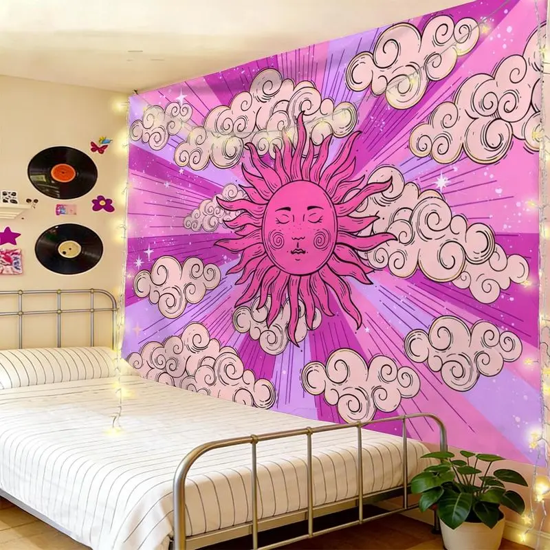 VIKAMA Retro Sun God Auspicious Cloud Tapestry, Bohemian Sun Illustration Wall Hanging for Bedroom Living Room Decor