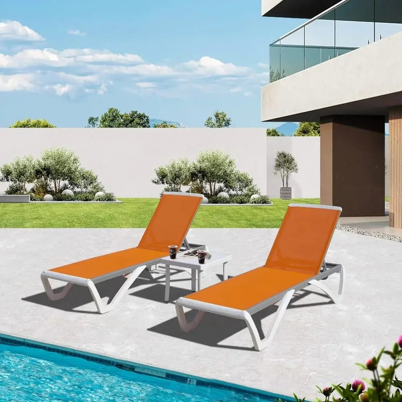 HOME. Lounge Chairs Set of 3, Aluminum Lounge Chairs for Outside with 5 Position Adjustable Backrest, Including 2 Outdoor