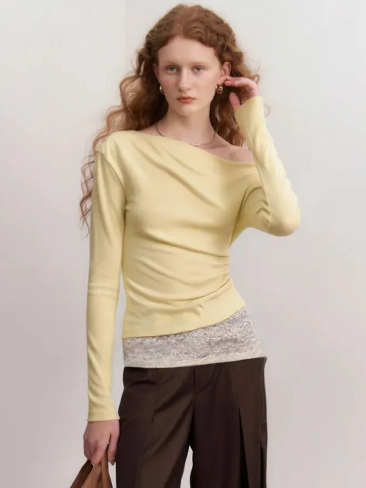 

Chic Lace Splice Asymmetrical Collar oulder Bared T-irt Spring New Arrival White Enhancing Dstring French Sle Women'...