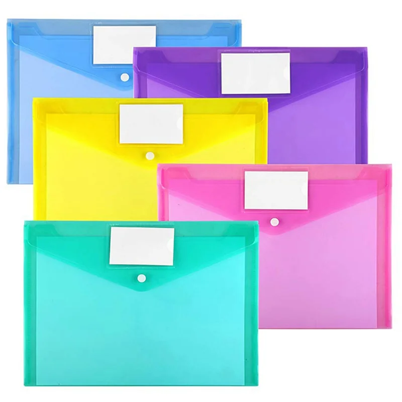 12Piece Multi File Envelope PVC Snap Button File Bag 6 Colors A4 Plastic With Business Card Holder File Bag