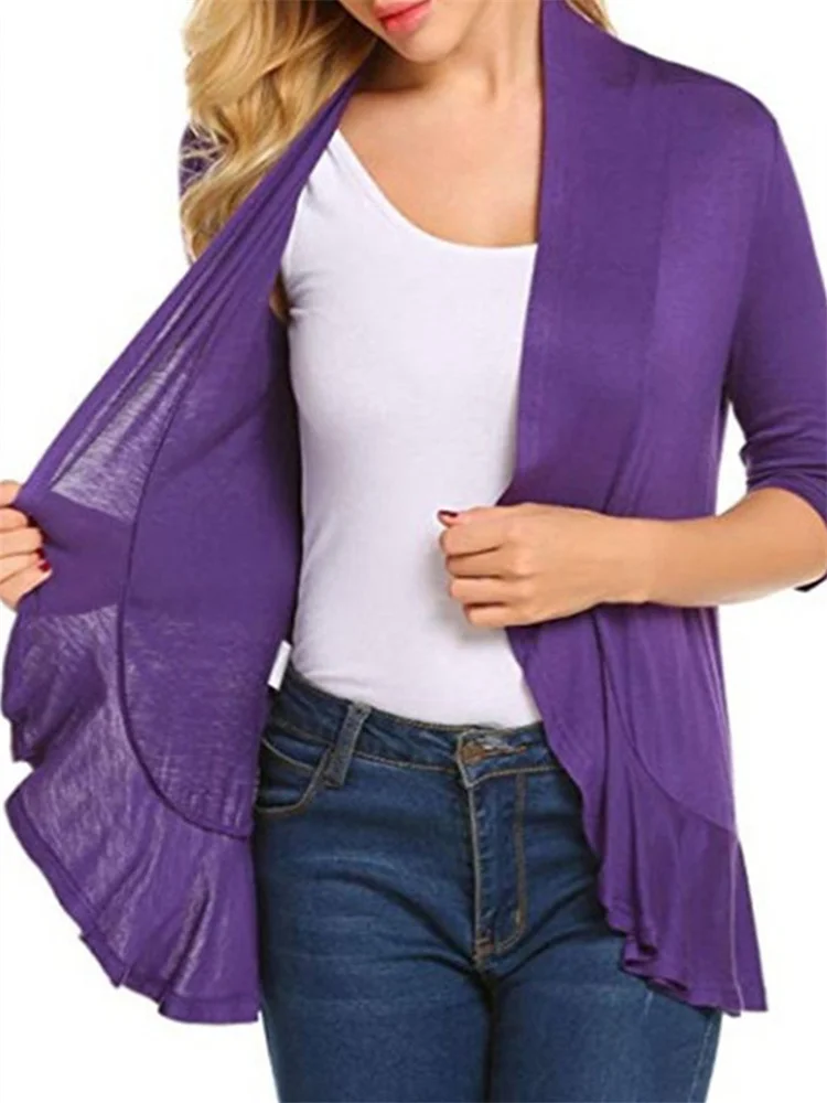 Dámský jarní podzimní kardigan, jednobarevný, 3/4 rukáv, volánový lem, kabáty, topy, ležérní saka, svrchní oblečení - náhled 6