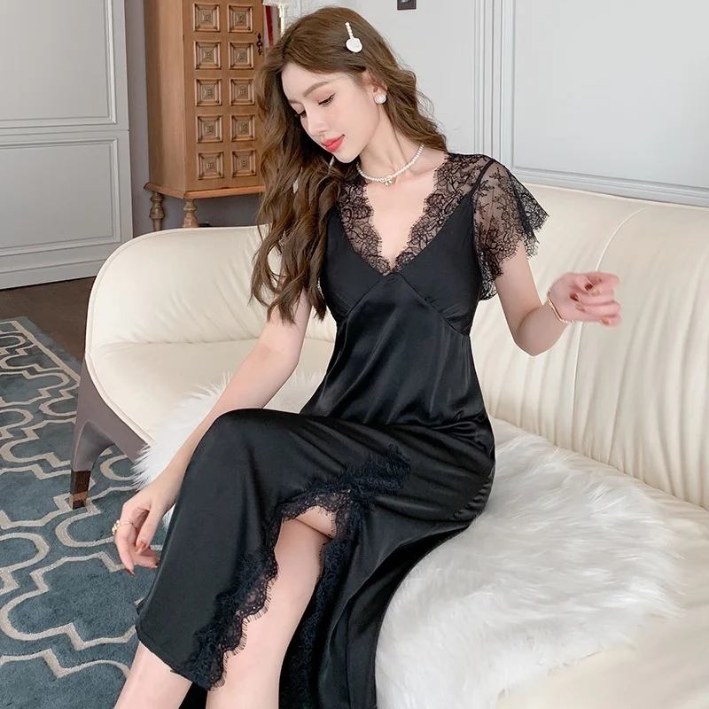 Lisacmvpnel Sexy Lace Nightdress Women\'s 2023 New French Split Short Sleeve Nightwear Household Sleepwear