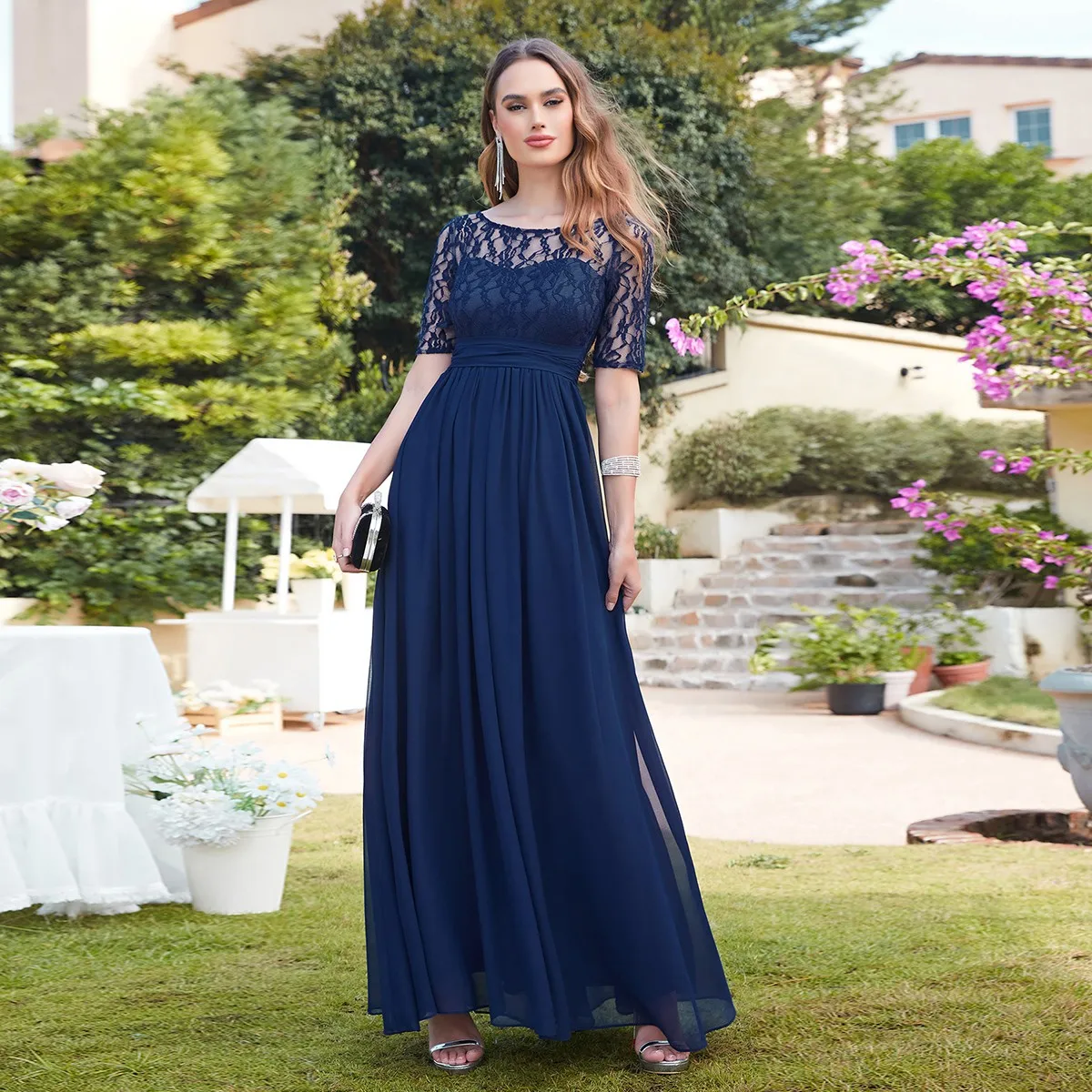 Navy Blue Lace Chiffon Bridesmaid Dresses Long Scoop Neck Half Sleeve Burgundy Formal Wedding Party Prom Gowns Vestido De Fiesta