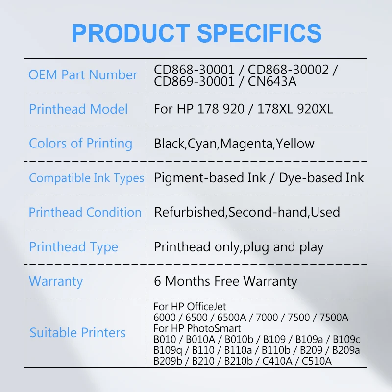 CN643A CD868-30001 For HP 920 920XL 178 178XL Printhead Print head For HP 6000 6500 7000 7500 B010b B109 B110 B209 B210 C410A