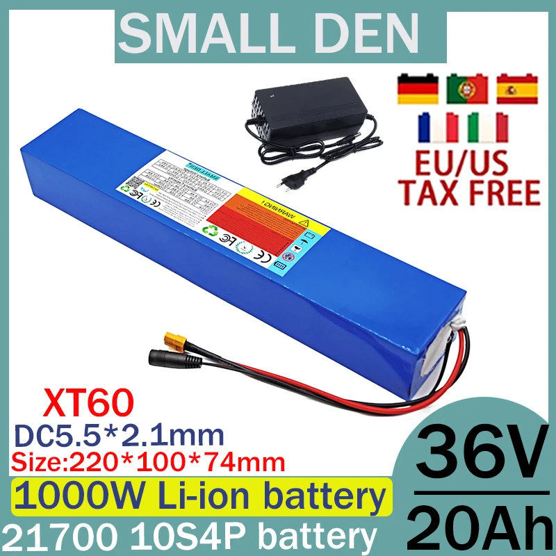 

New 36V 20ah 21700 10S4P electric motorcycle tricycle bicycle battery scooter battery with BMS protection 1000W+2A 3A 5A charger