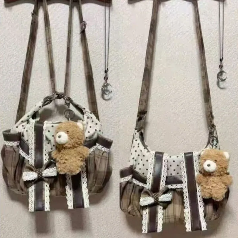 

Милая милая сумка через плечо с бантом, женская кружевная отделка в горошек, лоскутная парусиновая сумка через плечо, женский винтажный универсальный рюкзак в стиле Харадзюку