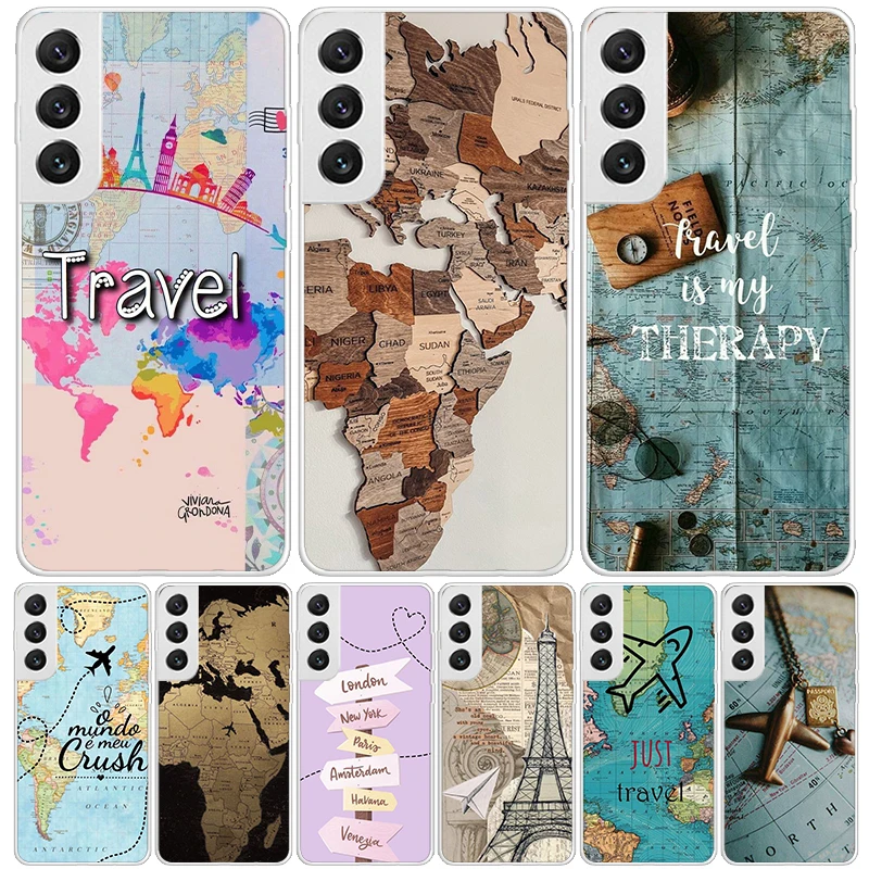 World Map Travel Plans Phone Case For Samsung Galaxy S24 S23 S22 S21 FE S20 Ultra S10 Plus S10E S9 S8 + Art Customized Coque Cap