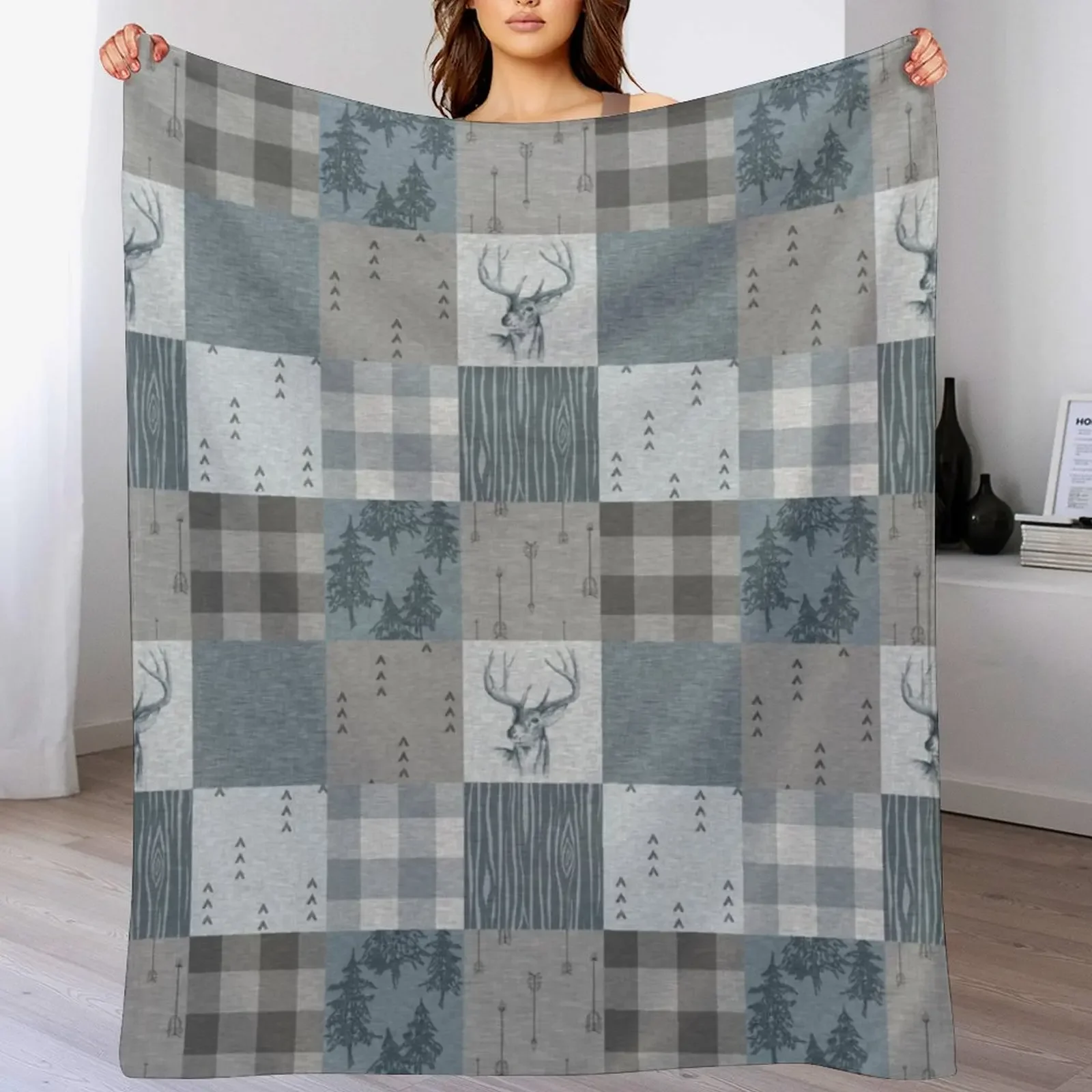 Deer Patchwork - Rustic Blue And grey Throw Blanket Blankets Sofas Of Decoration funny gift Retros Bed covers Blankets