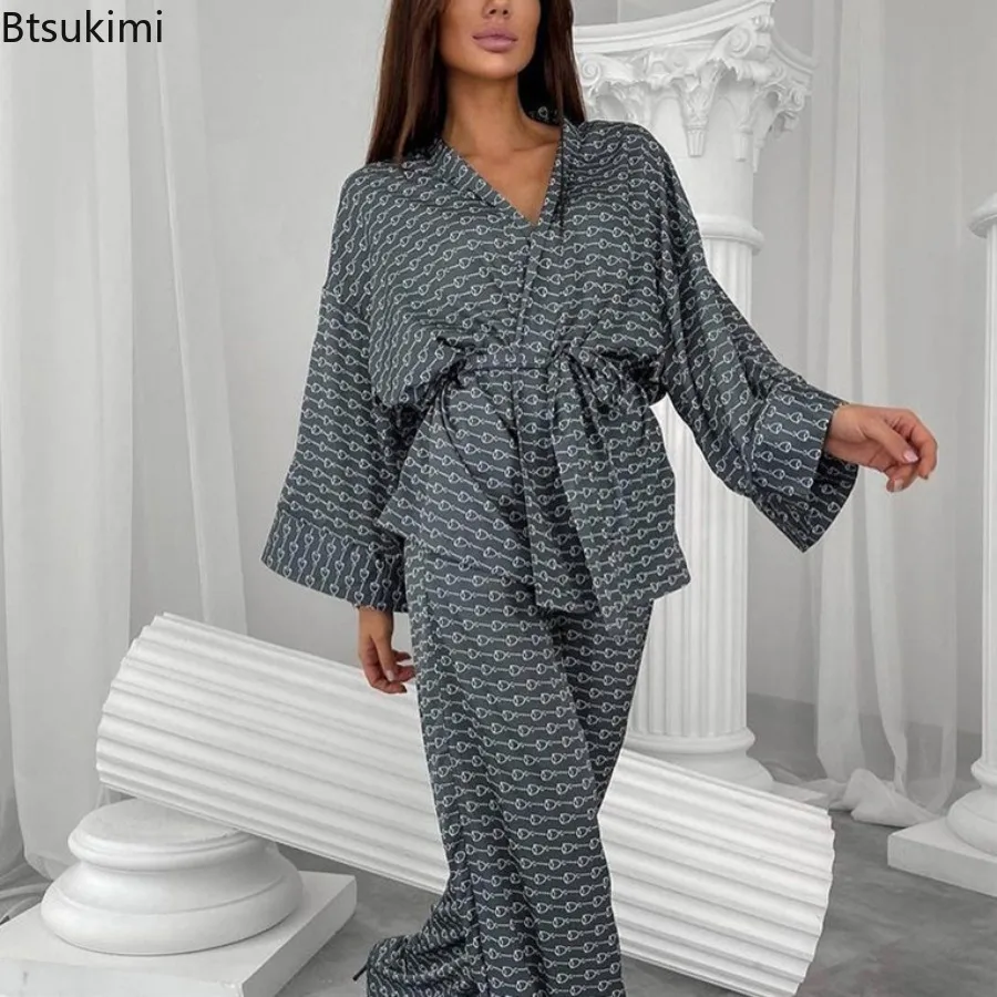 

New Women's Autumn Casual Print Pajamas Set Loose Lace Up Robe Nightie Turn-Down Collar High Waist Pants Sleepwear Ladies Suit
